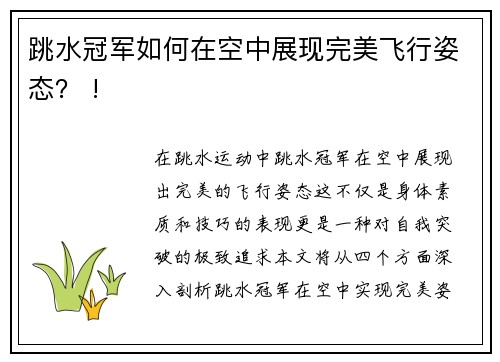 跳水冠军如何在空中展现完美飞行姿态？ !